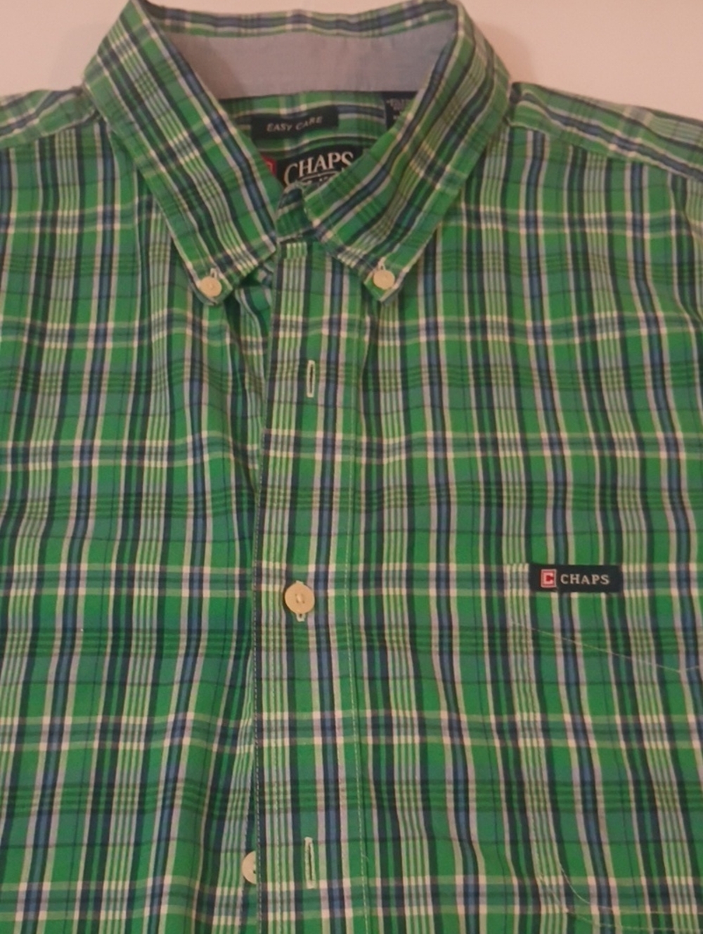 Chaps Green and Blue Plaid Button-Down Shirt Short Sleeve Tall